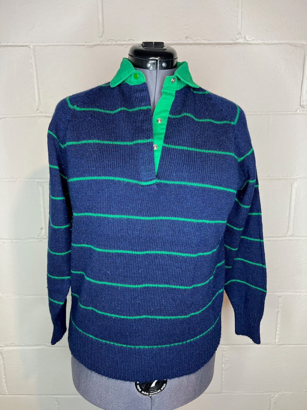 long sleeve polo sweater striped 1970s green blue